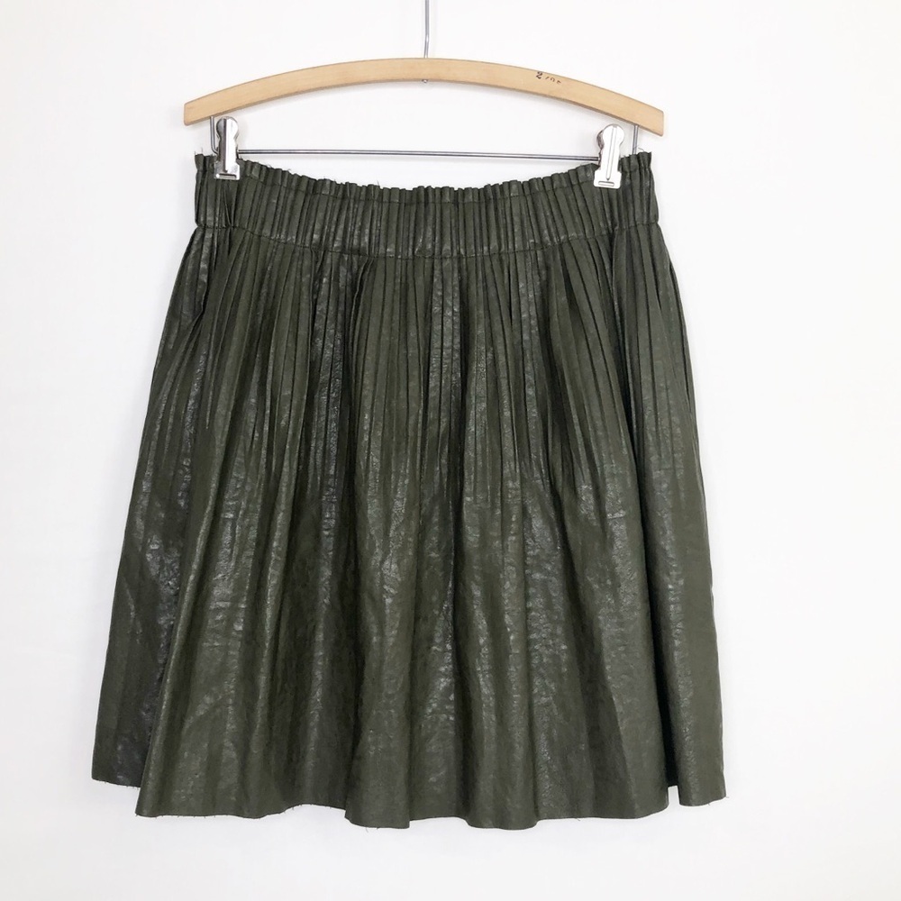 Anthropologie olive green faux, leather pleated skirt - Picture 3 of 11